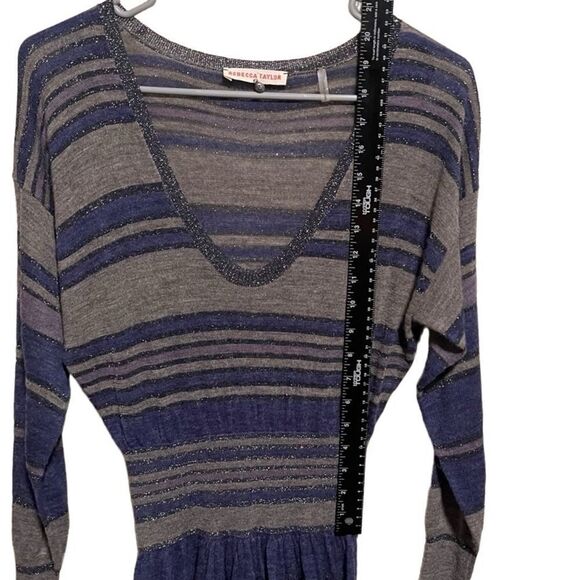 Rebecca Taylor- Women’s Metallic Blue Striped V-Neck Long Sleeve Dress, Size S - Picture 9 of 14
